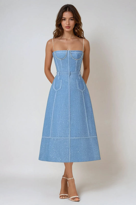 Strapless Denim Midi Dress with Rhinestone Detailing - Blue