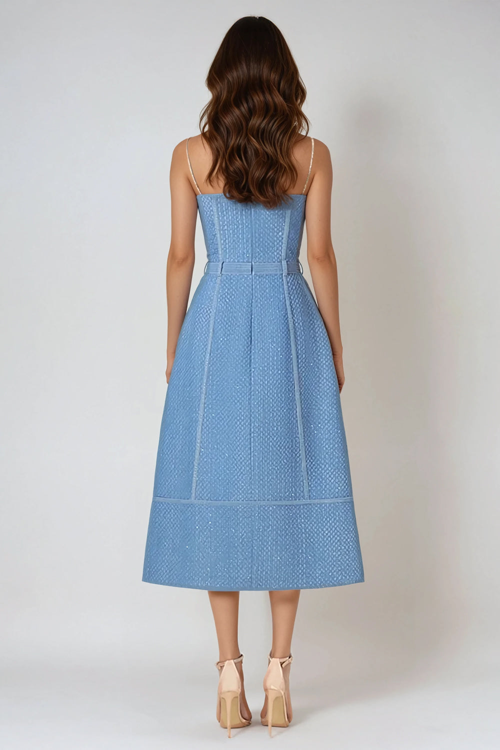 Strapless Denim Midi Dress with Rhinestone Detailing - Blue