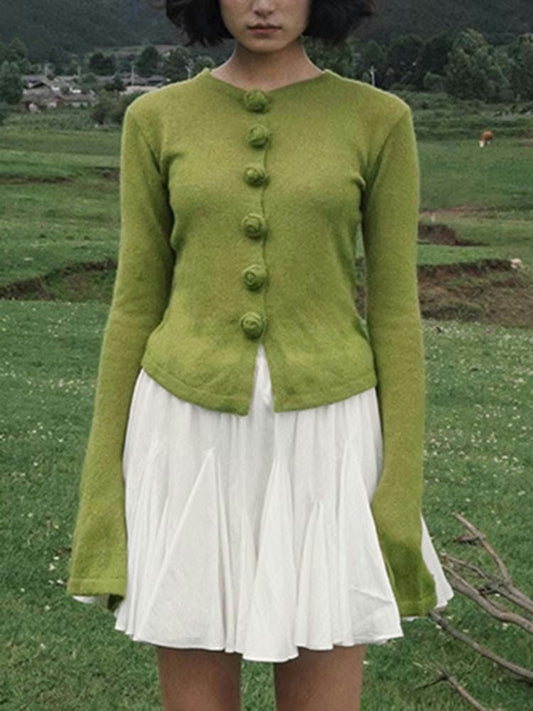 Button-Up Sweater with Round Neckline and Flared Hem - Green