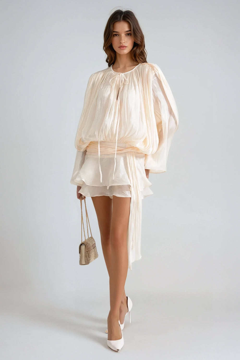 Mini Dress with Tie-Neck and Flared Skirt - White