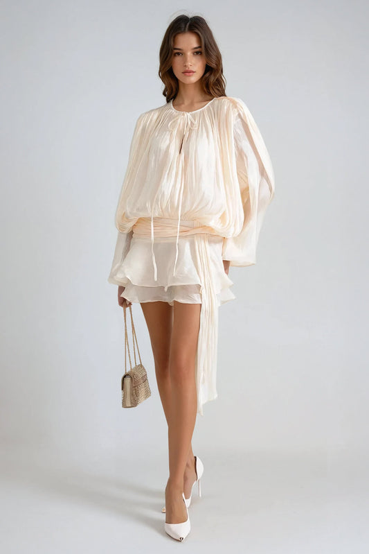 Mini Dress with Tie-Neck and Flared Skirt - White