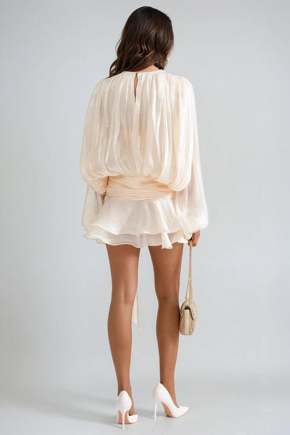 Mini Dress with Tie-Neck and Flared Skirt - White