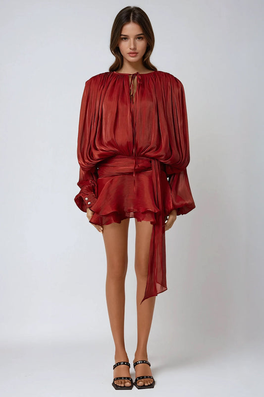 Mini Dress with Tie-Neck and Flared Skirt - Red