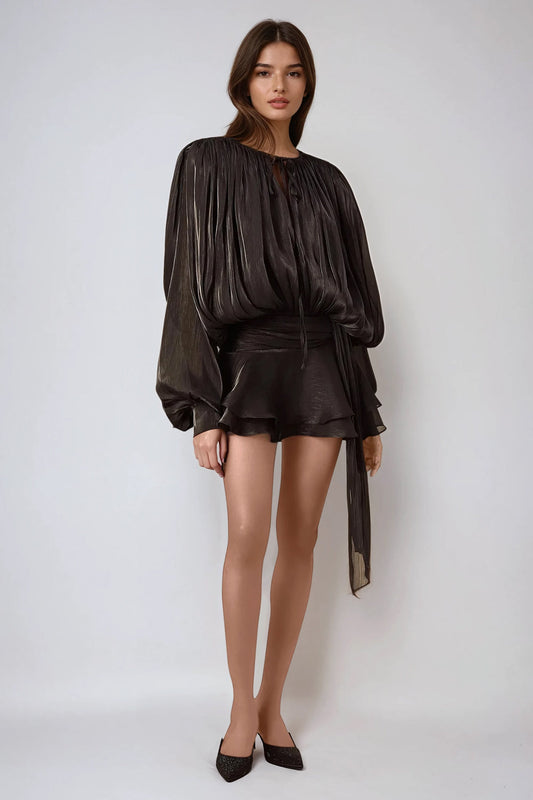 Mini Dress with Tie-Neck and Flared Skirt - Black