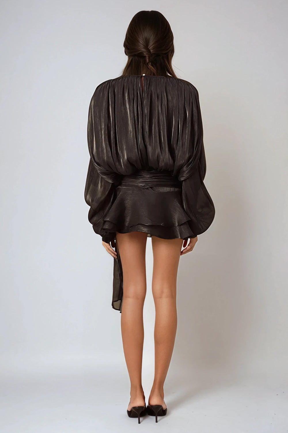 Mini Dress with Tie-Neck and Flared Skirt - Black