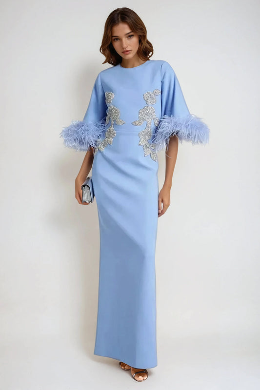 Maxi Dress with Feather-Trimmed Sleeves and Embellished Details - Blue