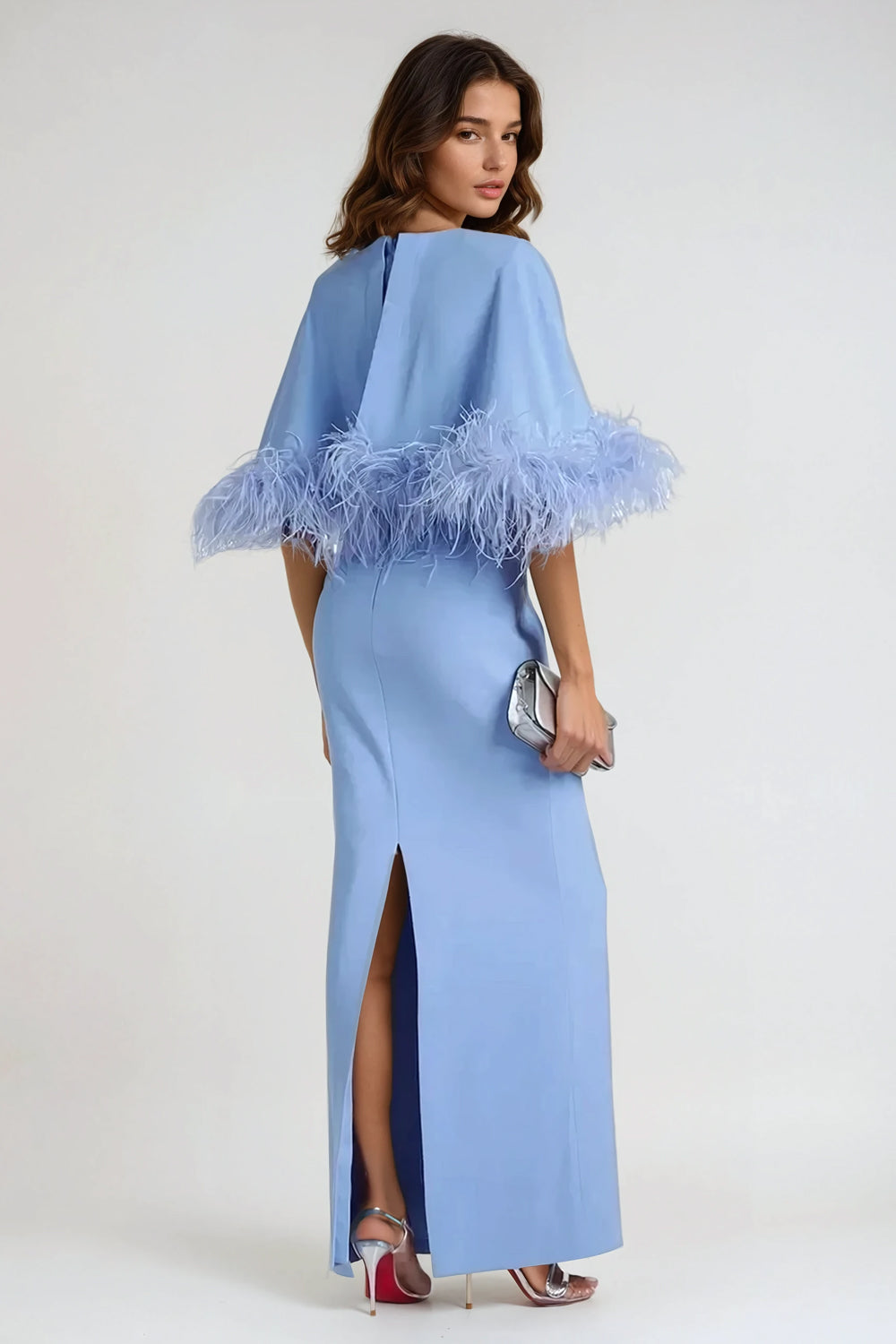 Maxi Dress with Feather-Trimmed Sleeves and Embellished Details - Blue