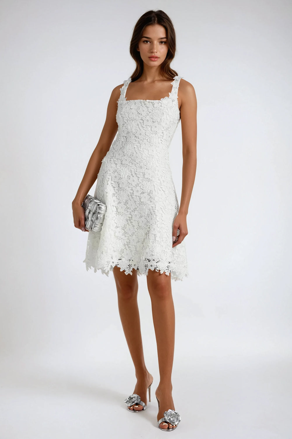 Sleeveless Square-Neck Lace Mini Dress with Floral Detail Straps - White
