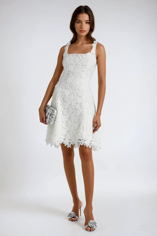 Sleeveless Square-Neck Lace Mini Dress with Floral Detail Straps - White