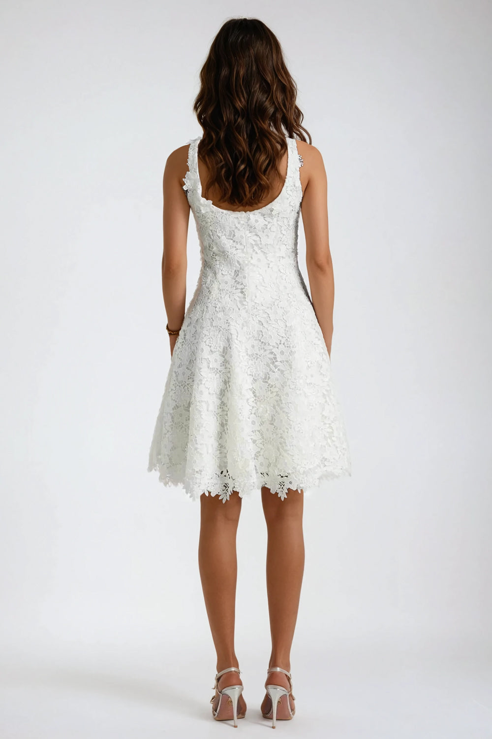Sleeveless Square-Neck Lace Mini Dress with Floral Detail Straps - White