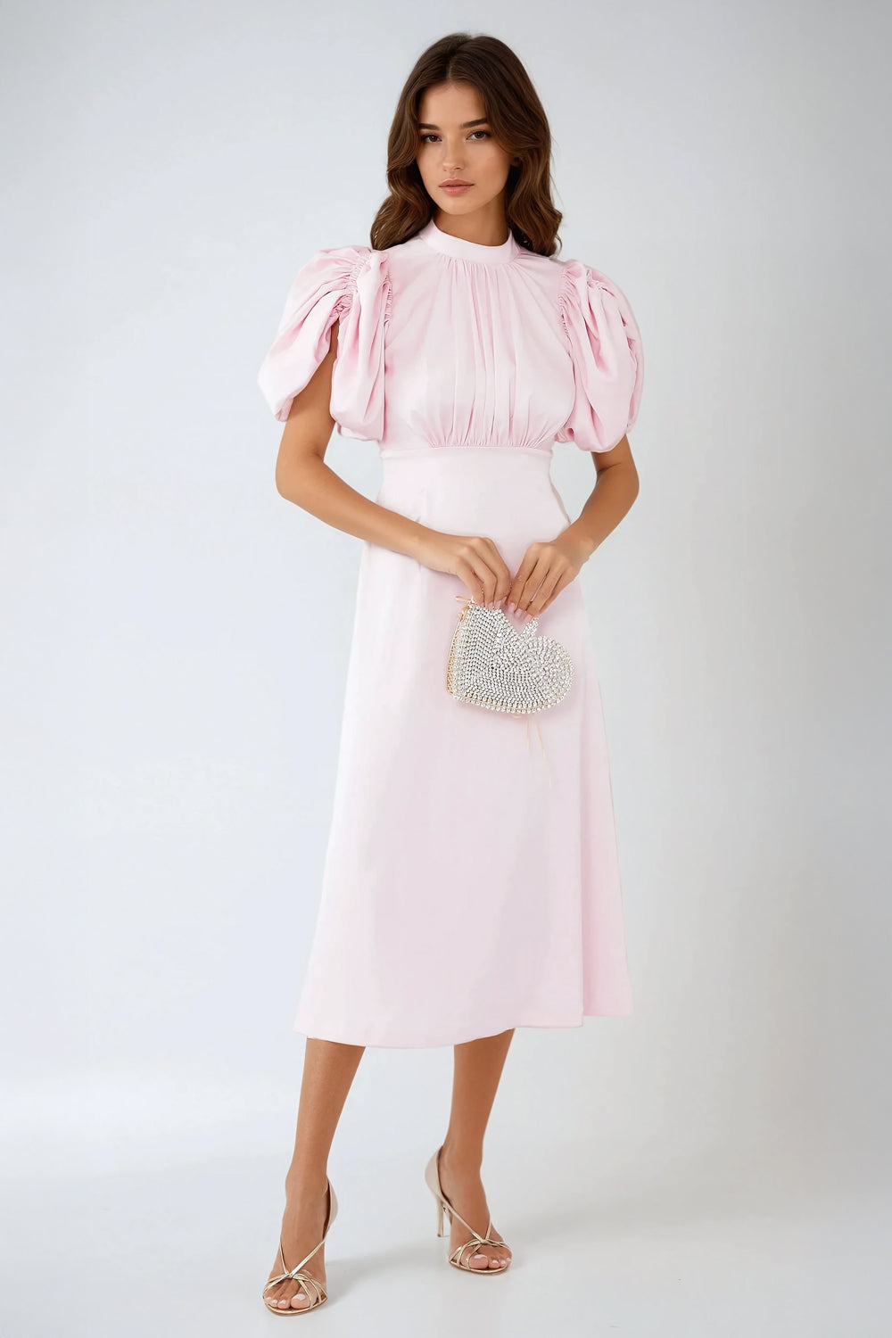 Puff Sleeve Midi Dress with High Neckline and Smocked Waist - Pink