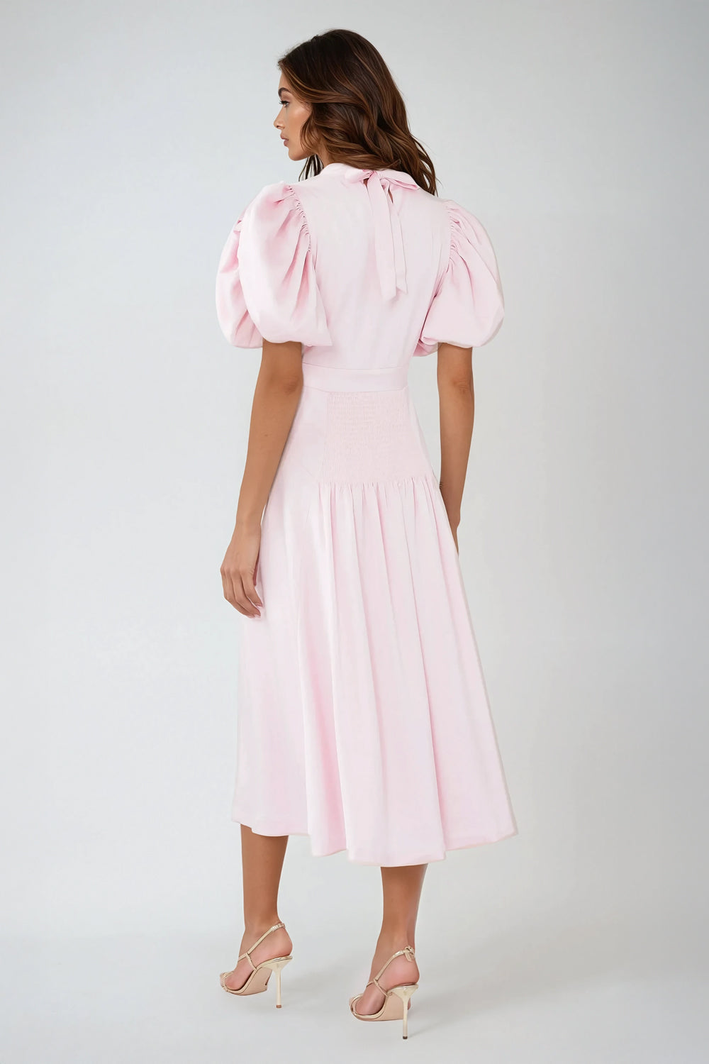 Puff Sleeve Midi Dress with High Neckline and Smocked Waist - Pink