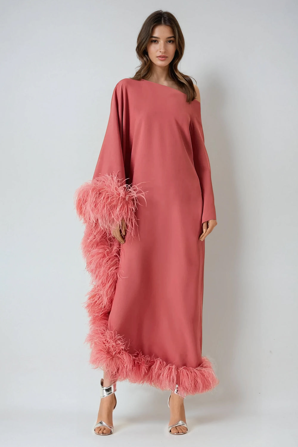 Asymmetrical Feather-Trim Maxi Dress - Pink