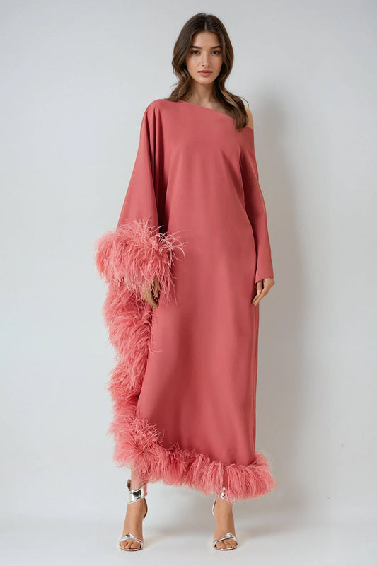 Asymmetrical Feather-Trim Maxi Dress - Pink