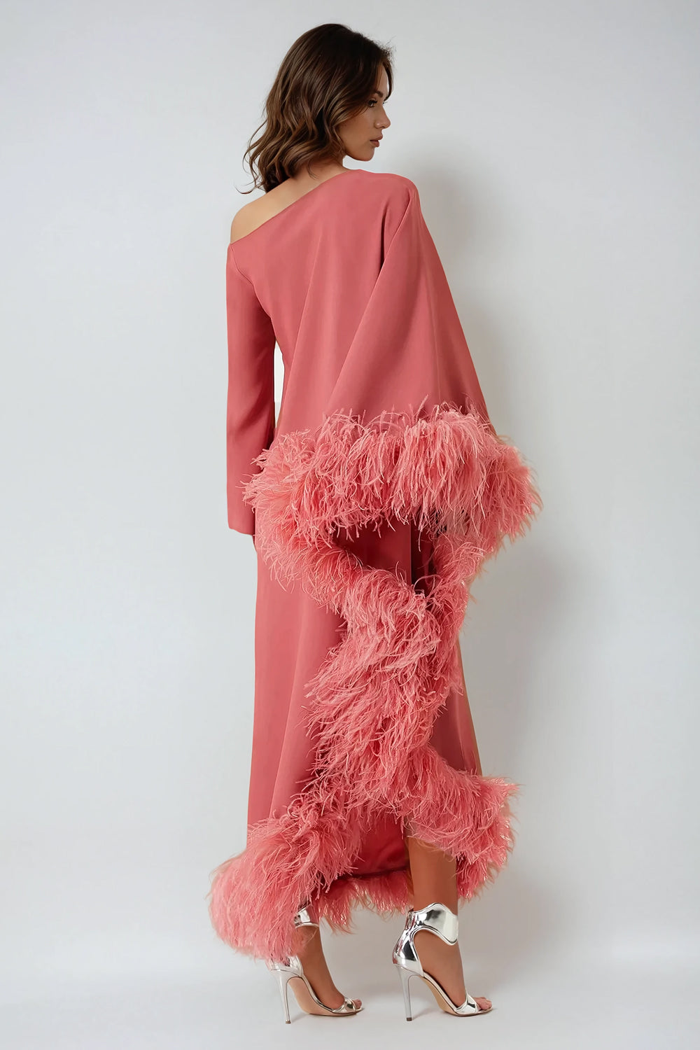 Asymmetrical Feather-Trim Maxi Dress - Pink