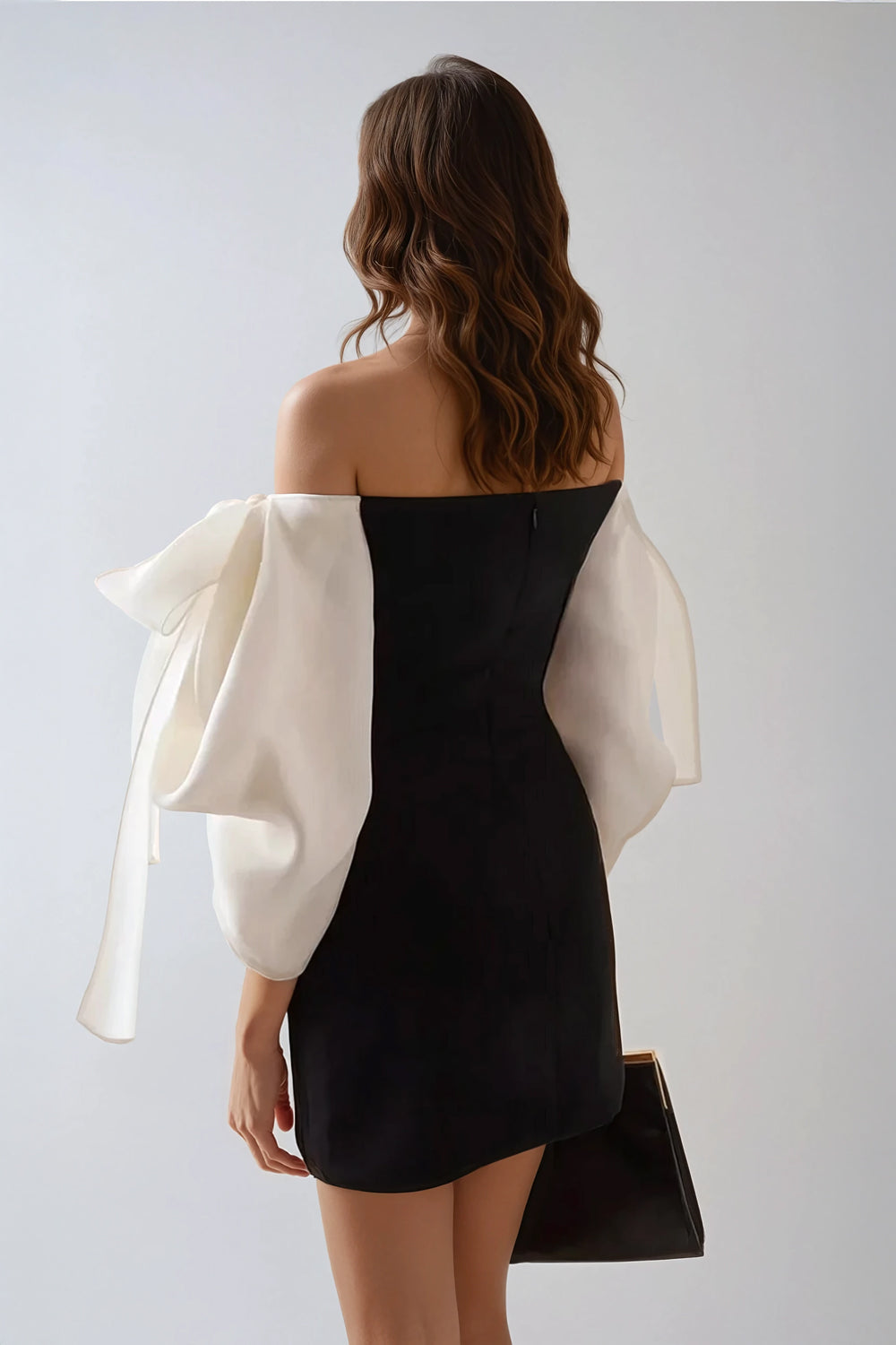 Off-Shoulder Mini Dress with Detachable Oversized Bow Sleeves - Black