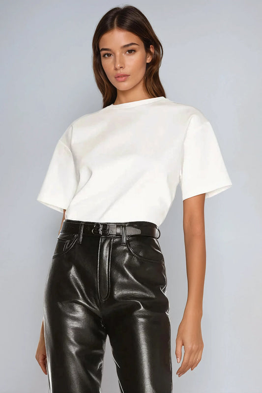 Short Sleeve Top with Pearl-Embellished Heart Cutout Back - White