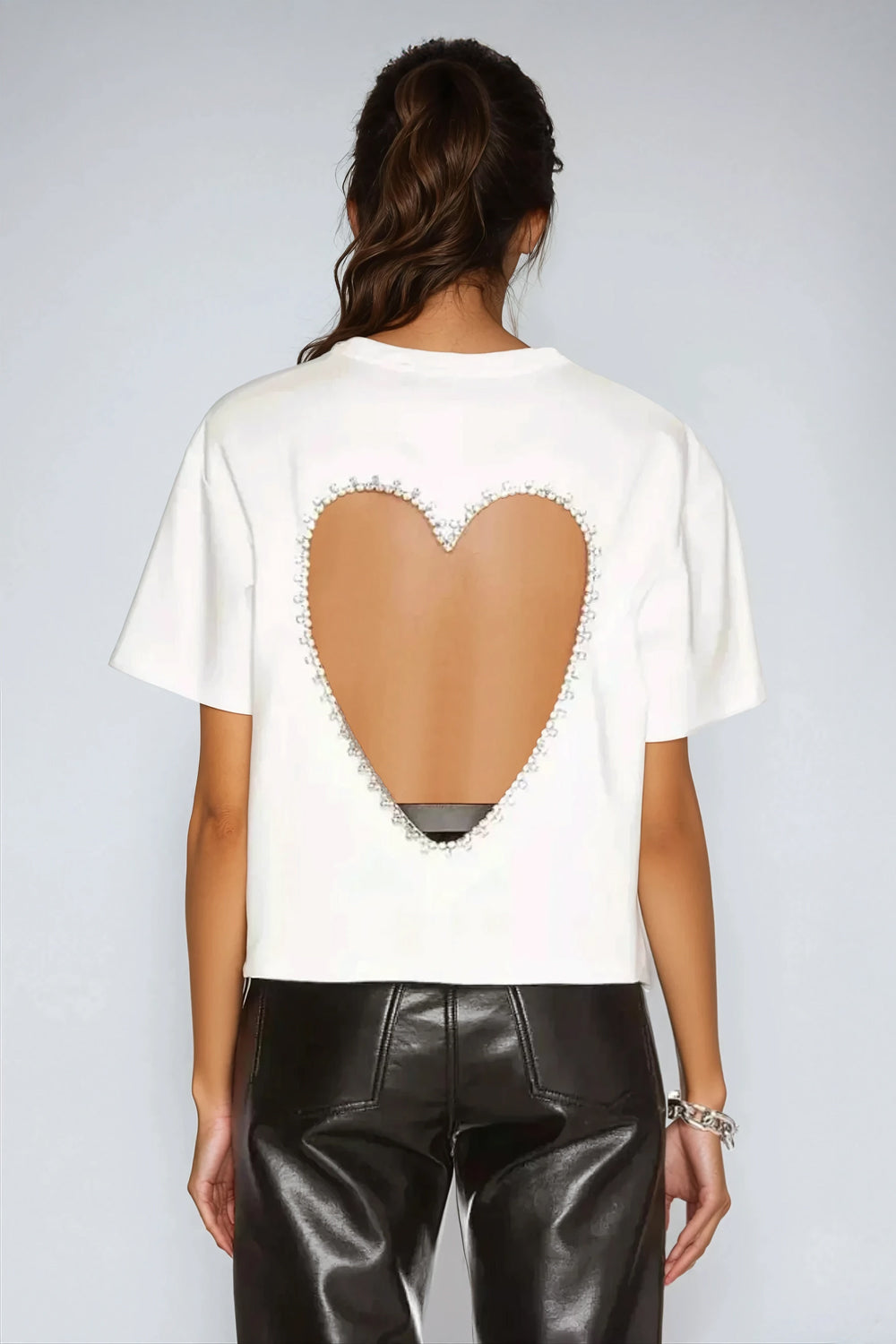 Short Sleeve Top with Pearl-Embellished Heart Cutout Back - White