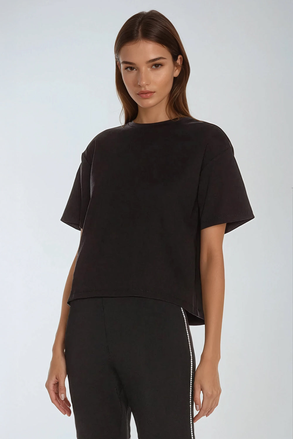 Short Sleeve Top with Pearl-Embellished Heart Cutout Back - Black