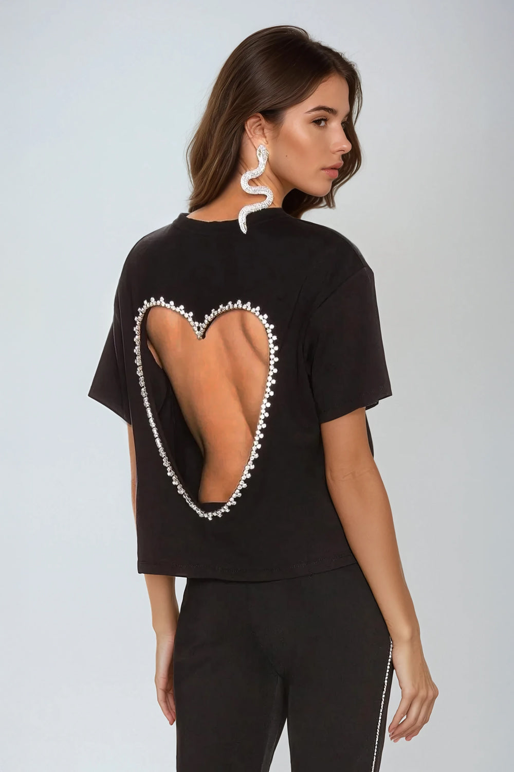 Short Sleeve Top with Pearl-Embellished Heart Cutout Back - Black