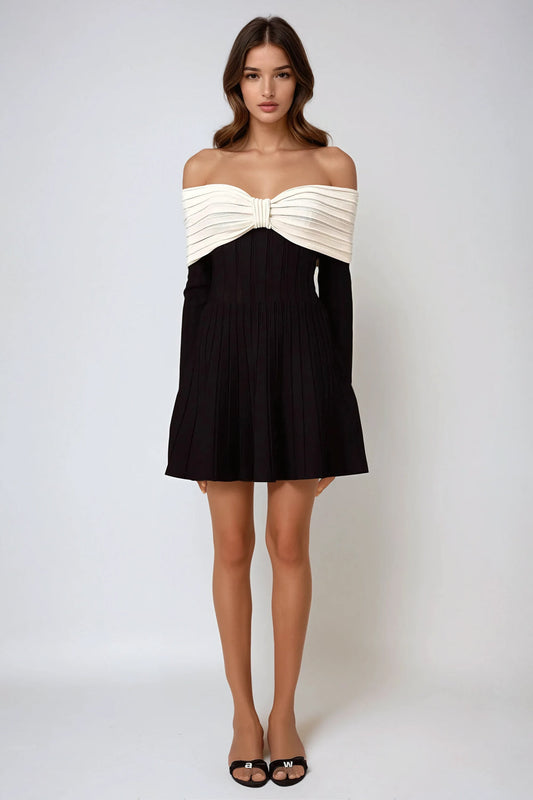 Off-Shoulder Mini Dress with Pleated Design - Black