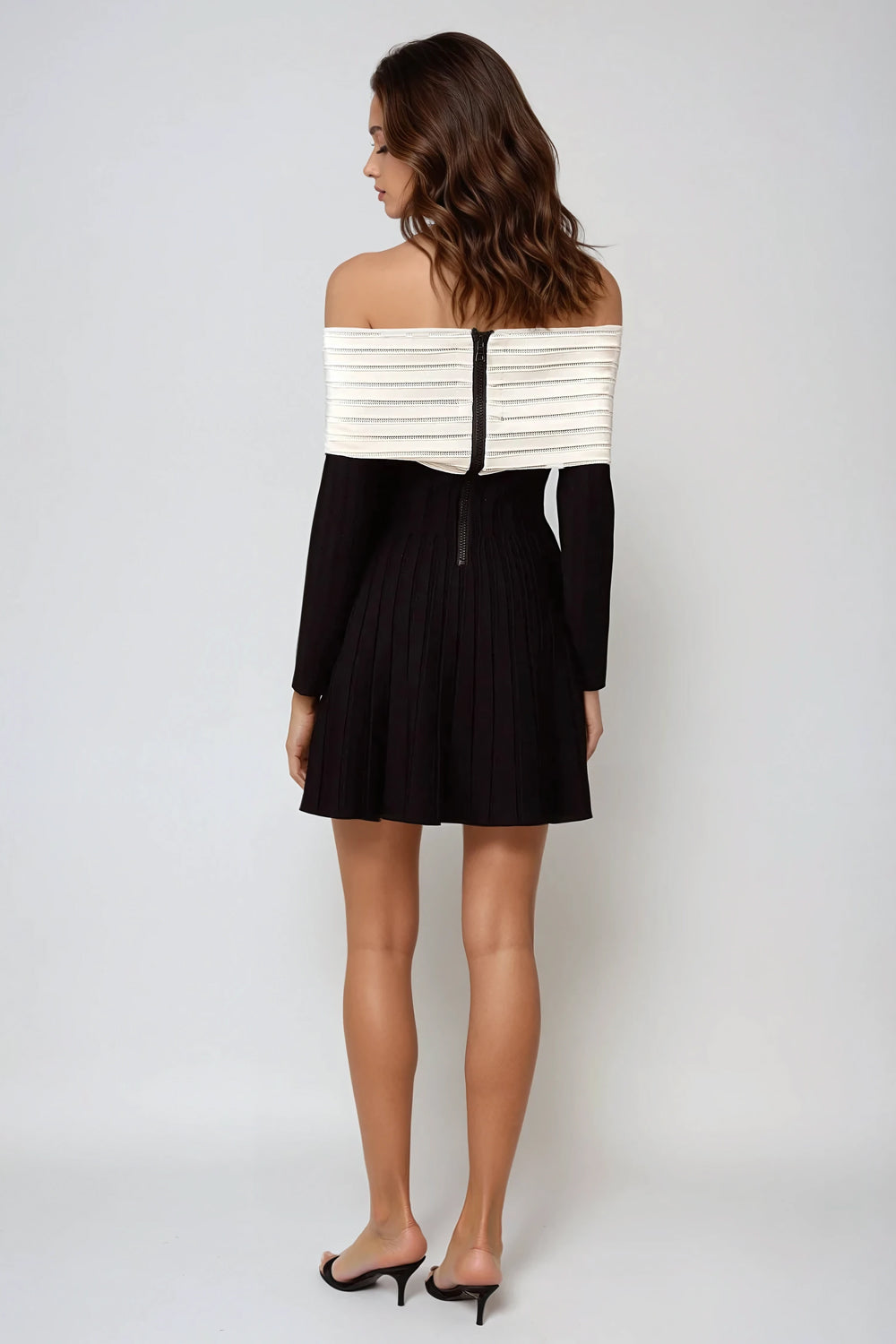 Off-Shoulder Mini Dress with Pleated Design - Black