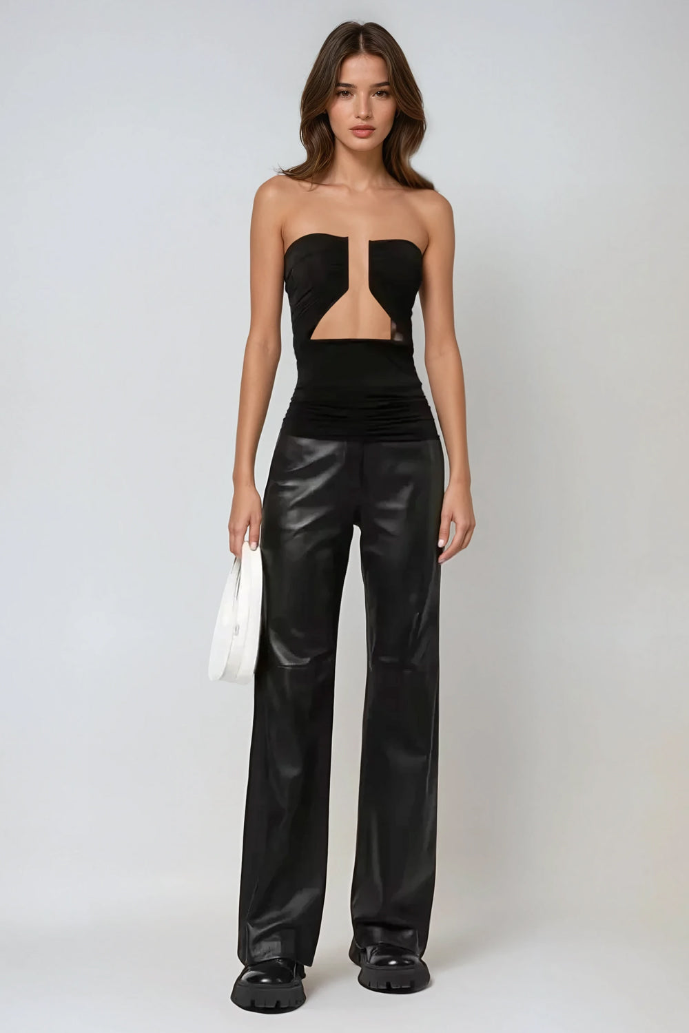 Ruched Strapless Top with Cutout Detail - Black