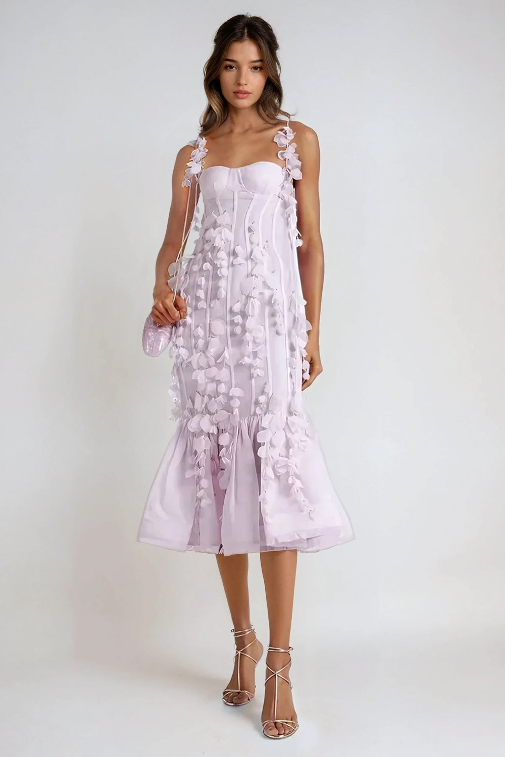 Midi Dress with 3D Floral Details and Corset Bodice - Pink