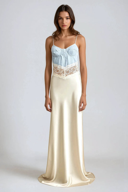 Denim and Lace Maxi Dress -White