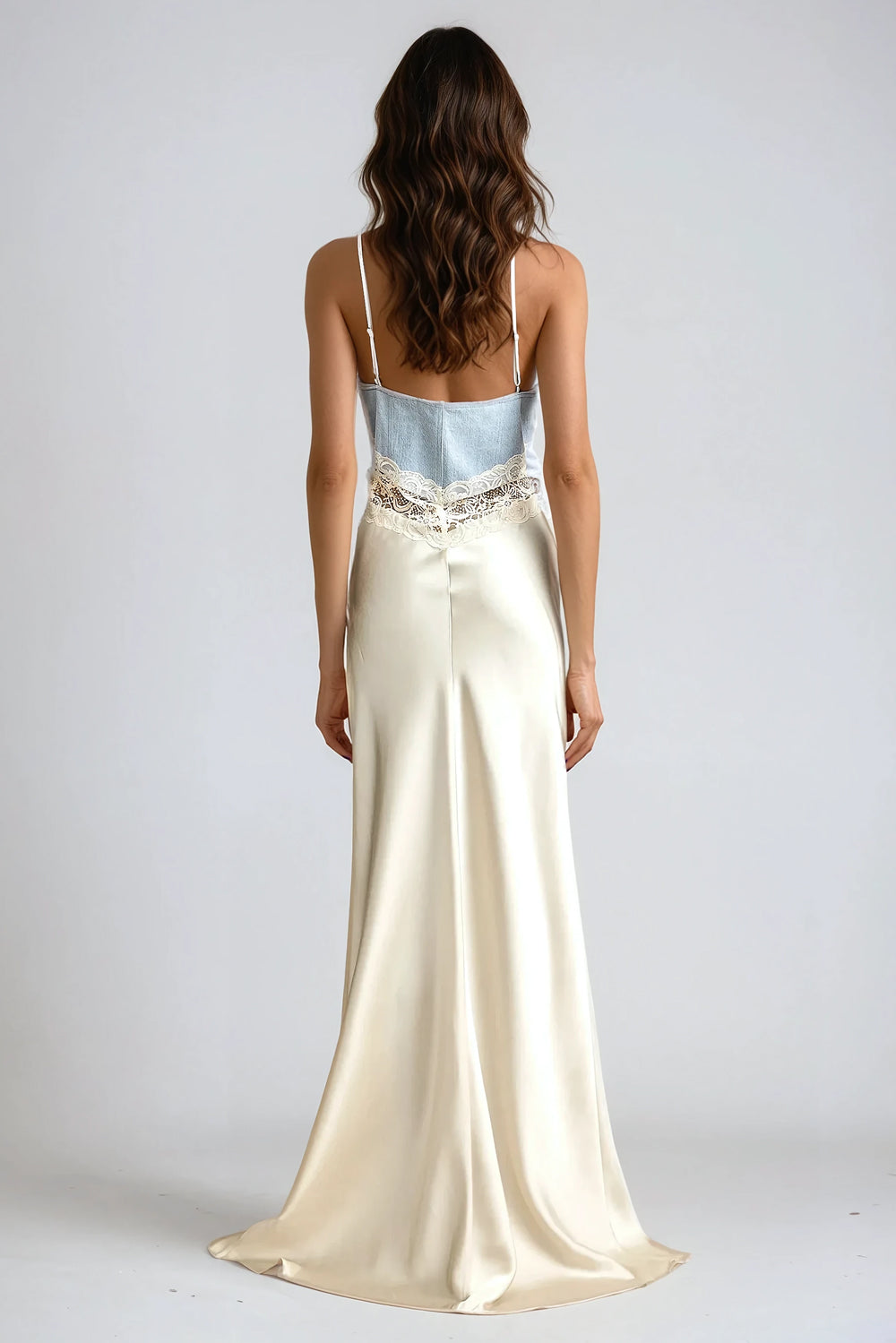 Denim and Lace Maxi Dress -White