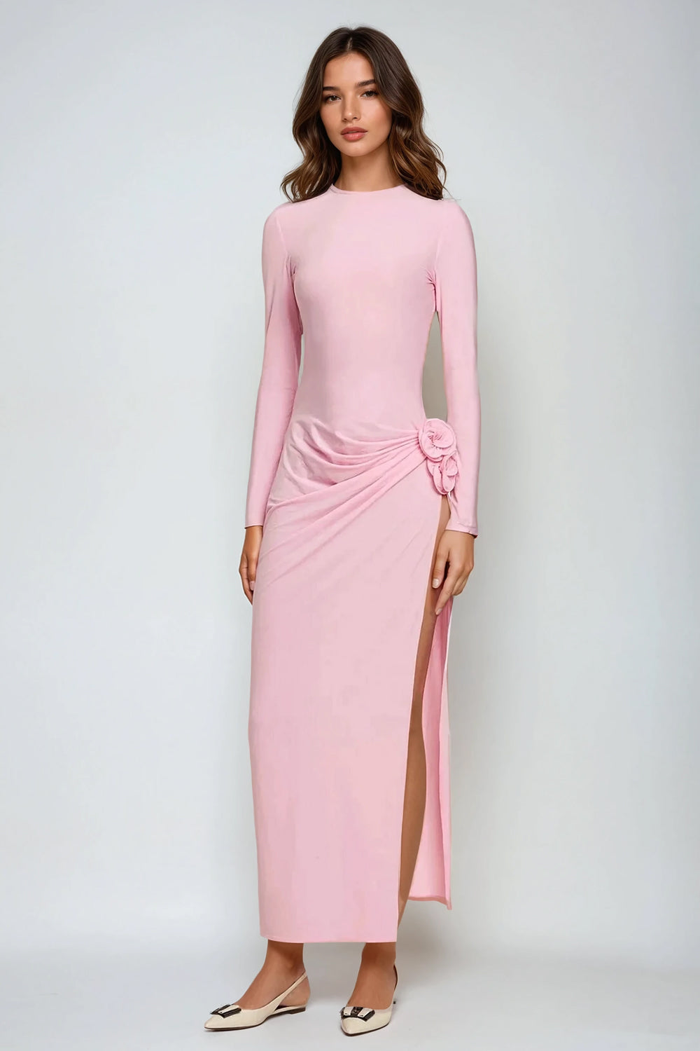 Long Sleeve Midi Dress with Ruched Detail and High Slit - Pink