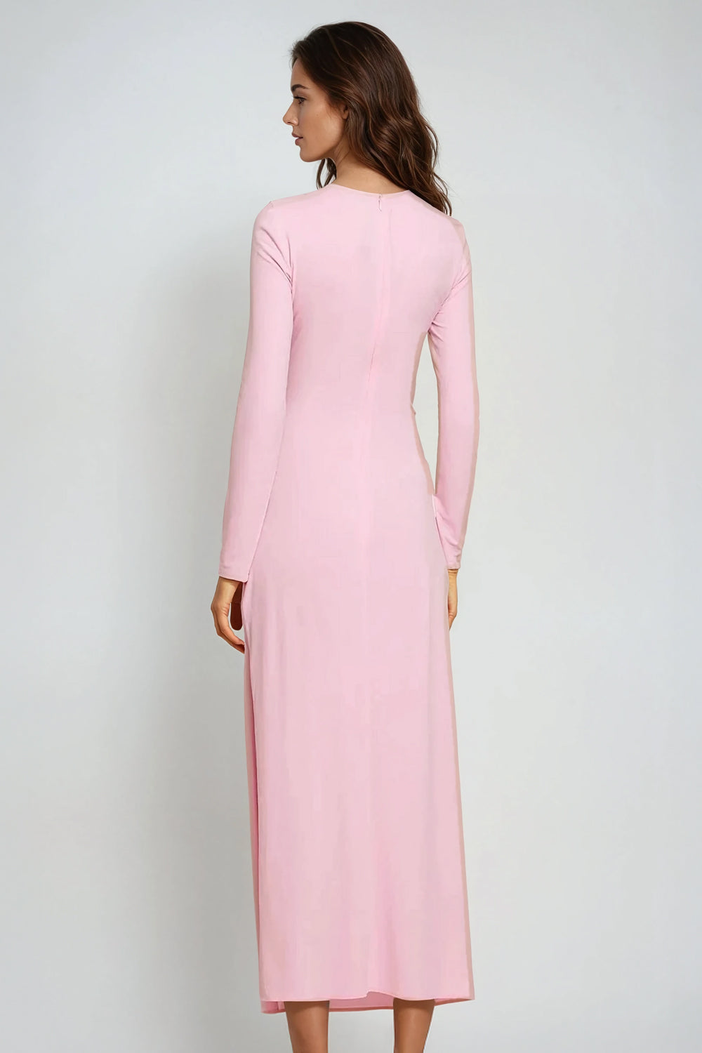 Long Sleeve Midi Dress with Ruched Detail and High Slit - Pink