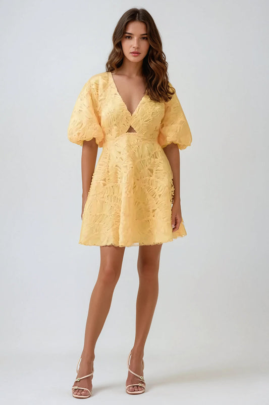 Puff Sleeve Cutout Embroidered Textured Mini Dress - Yellow