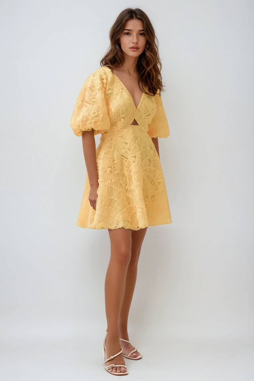 Puff Sleeve Cutout Embroidered Textured Mini Dress - Yellow