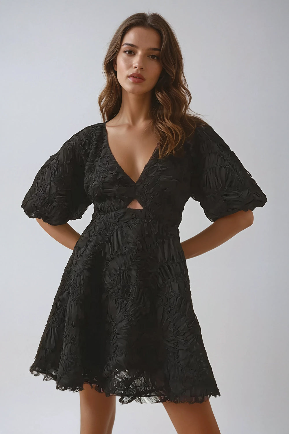 Puff Sleeve Cutout Embroidered Textured Mini Dress - Black