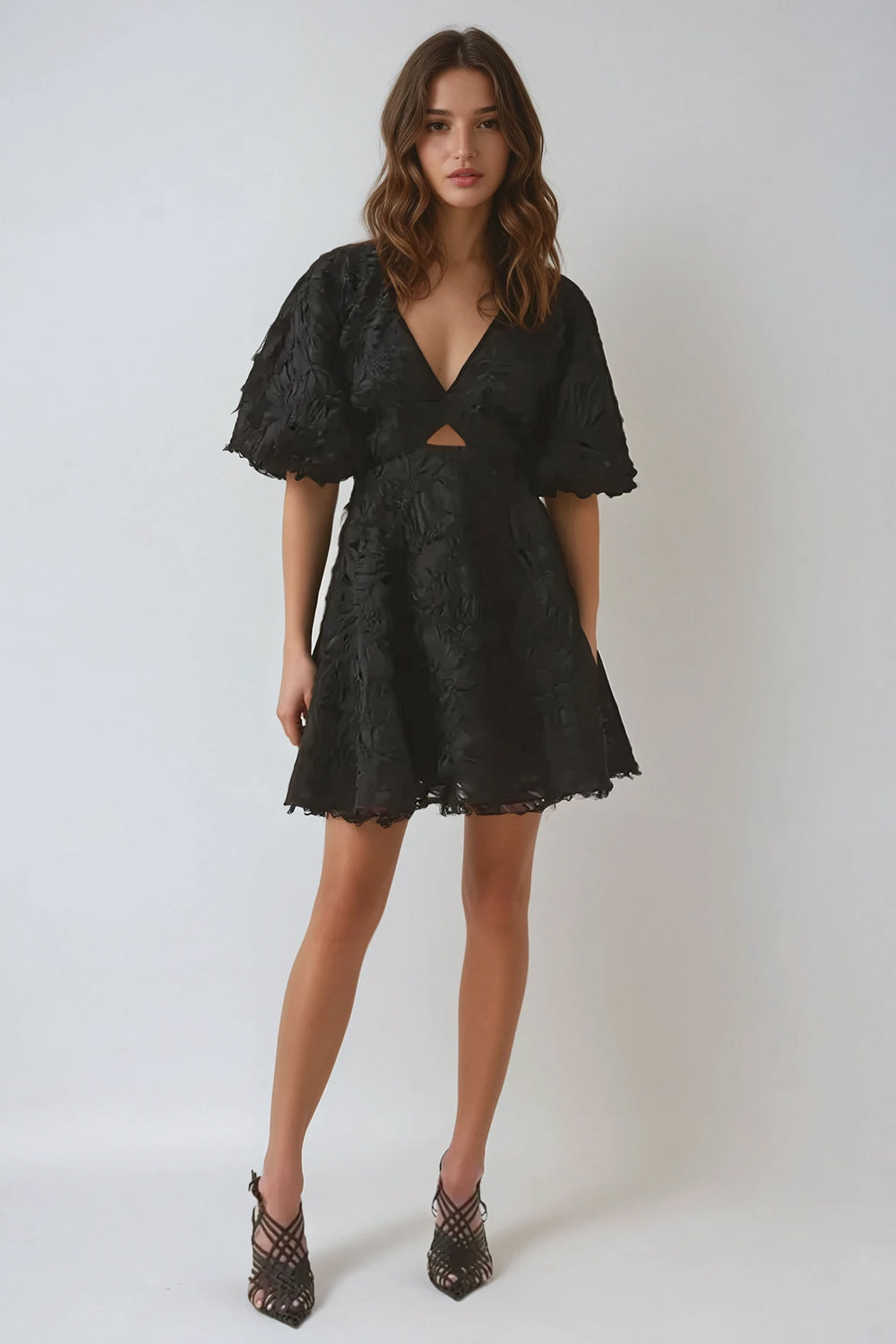 Puff Sleeve Cutout Embroidered Textured Mini Dress - Black