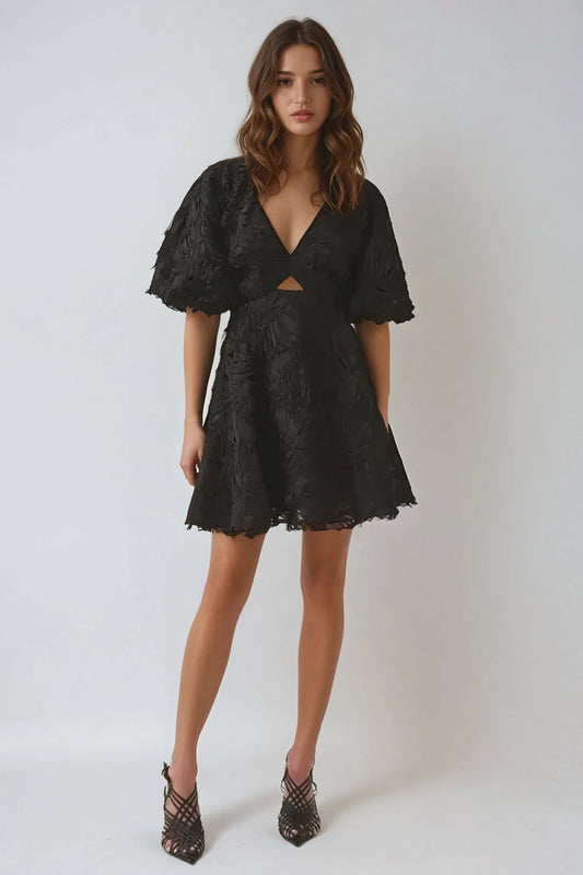 Puff Sleeve Cutout Embroidered Textured Mini Dress - Black