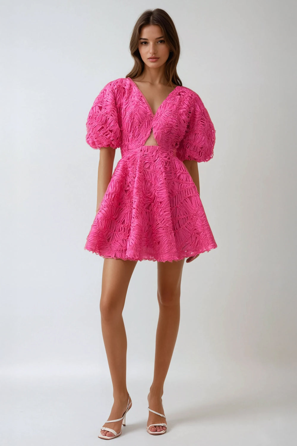 Puff Sleeve Cutout Embroidered Textured Mini Dress - Dark Pink
