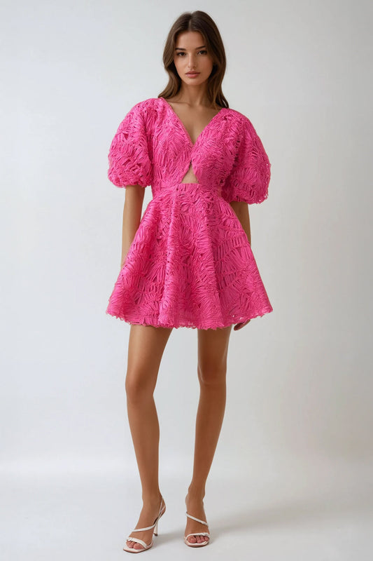 Puff Sleeve Cutout Embroidered Textured Mini Dress - Dark Pink