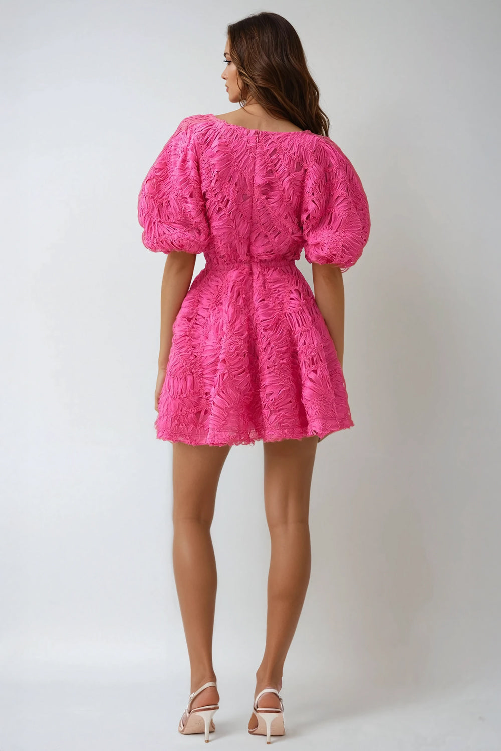 Puff Sleeve Cutout Embroidered Textured Mini Dress - Dark Pink