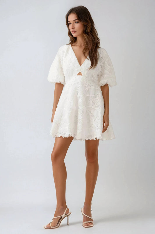 Puff Sleeve Cutout Embroidered Textured Mini Dress - White