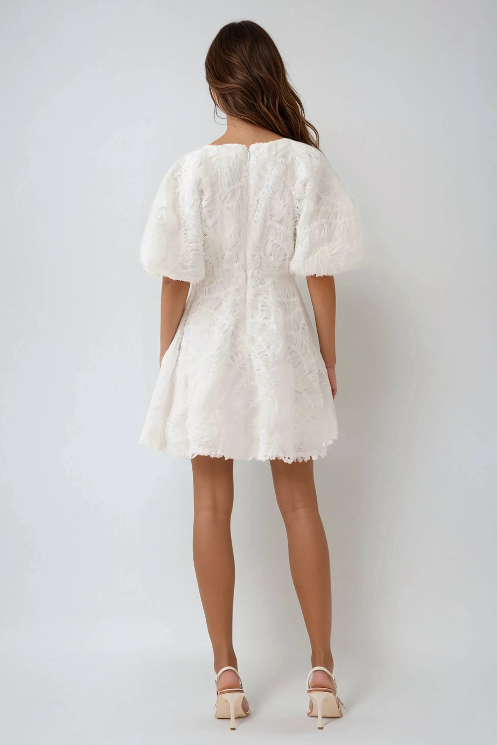 Puff Sleeve Cutout Embroidered Textured Mini Dress - White