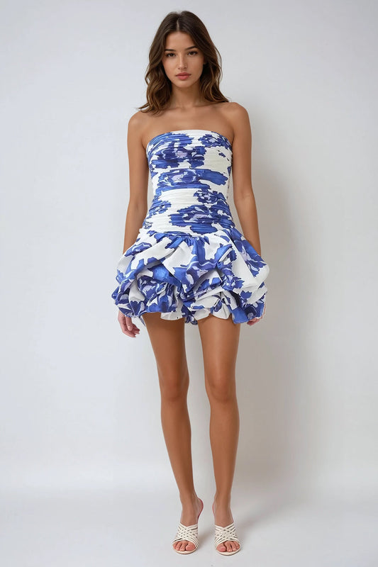 Strapless Floral Bubble Hem Mini Dress - Blue