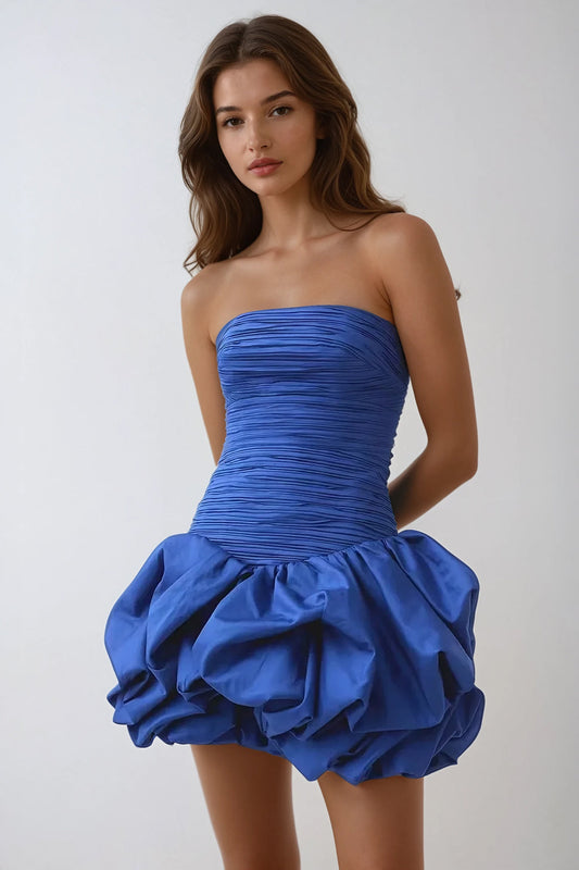 Strapless Floral Bubble Hem Mini Dress - Dark Blue