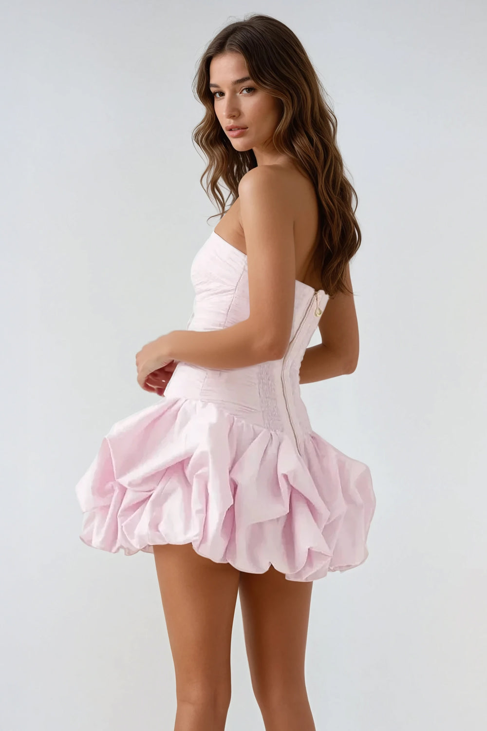 Strapless Floral Bubble Hem Mini Dress - Pink