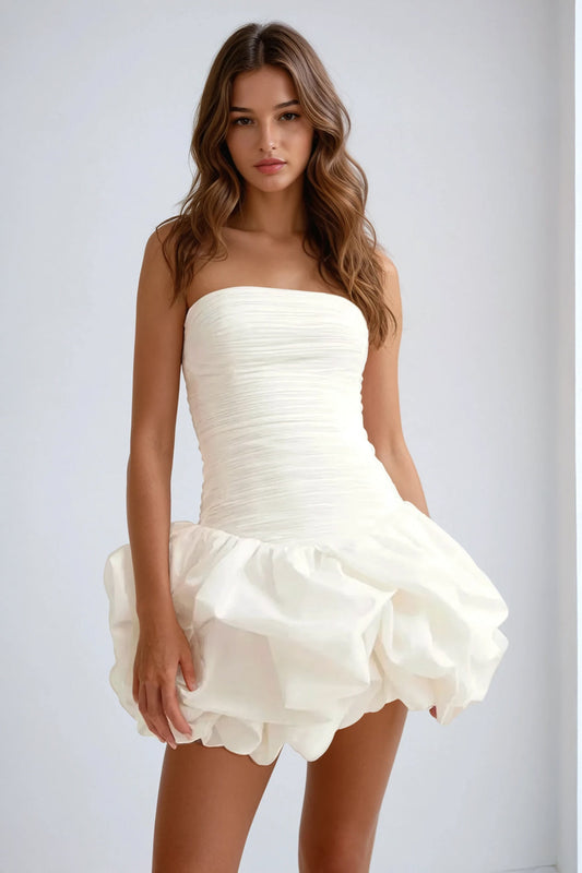 Strapless Floral Bubble Hem Mini Dress - White