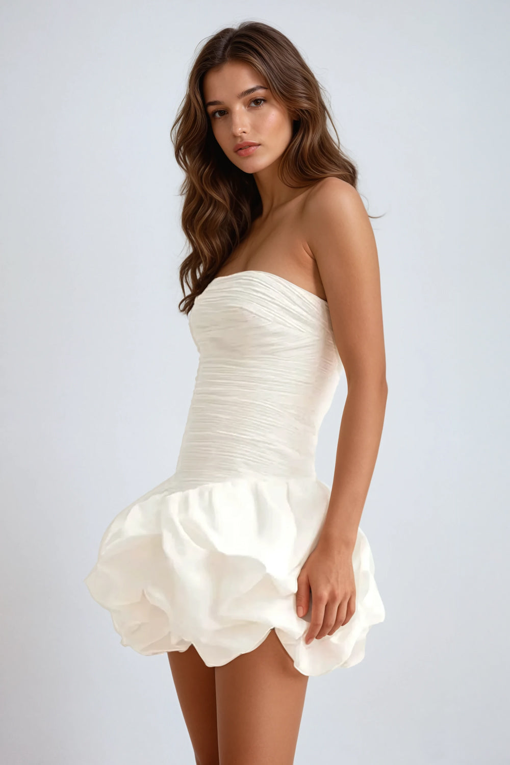 Strapless Floral Bubble Hem Mini Dress - White