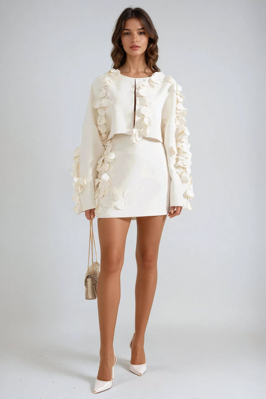 Two-Piece Set with Cropped Jacket and 3D Petal Skirt - Beige
