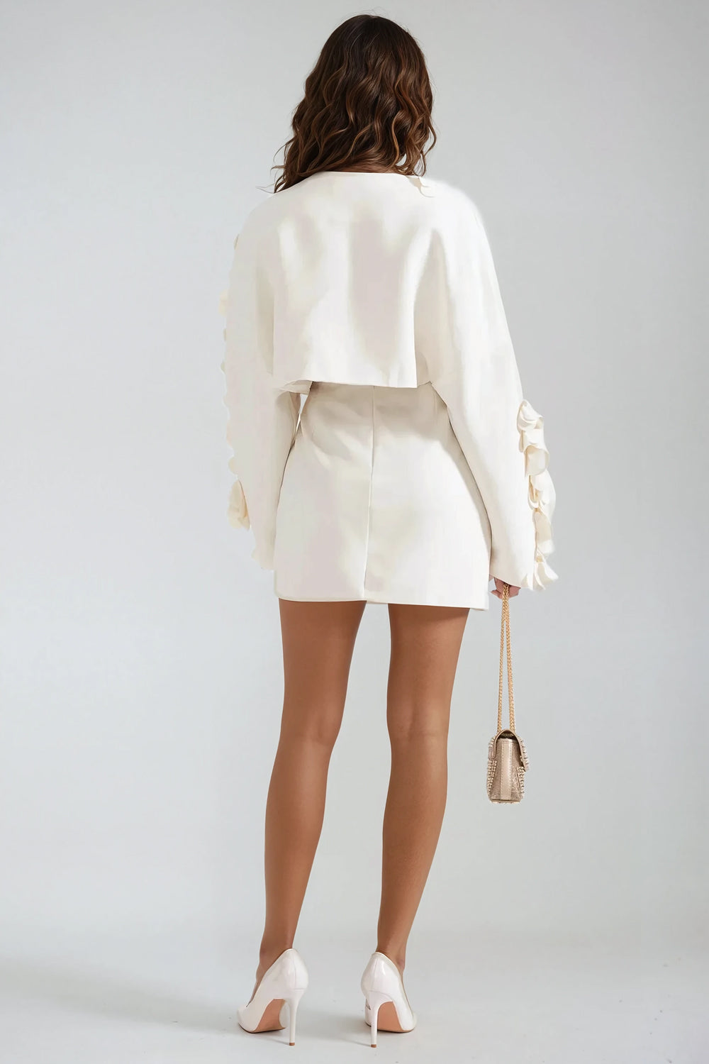 Two-Piece Set with Cropped Jacket and 3D Petal Skirt - Beige