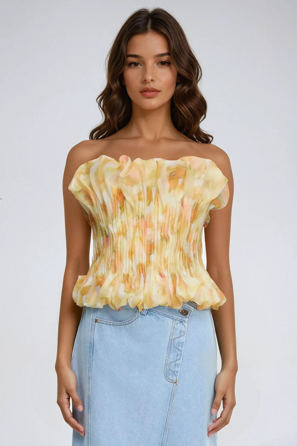 Strapless Pleated Top with Ruffled Details - Yellow